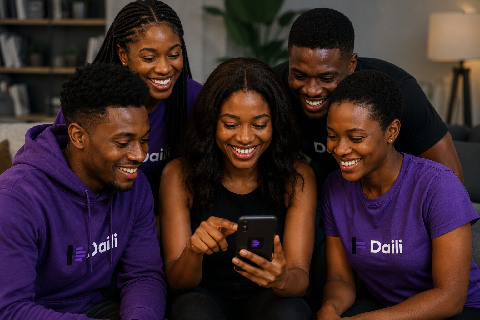 Group of young people smiling together while looking at a phone with the Daili app