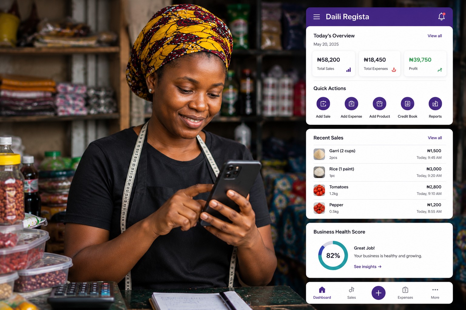 Market trader using Daili Regista to manage her business