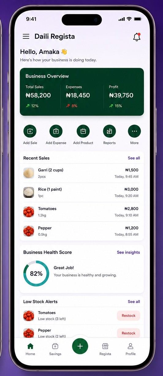 Daili Regista app screen showing business overview and recent sales